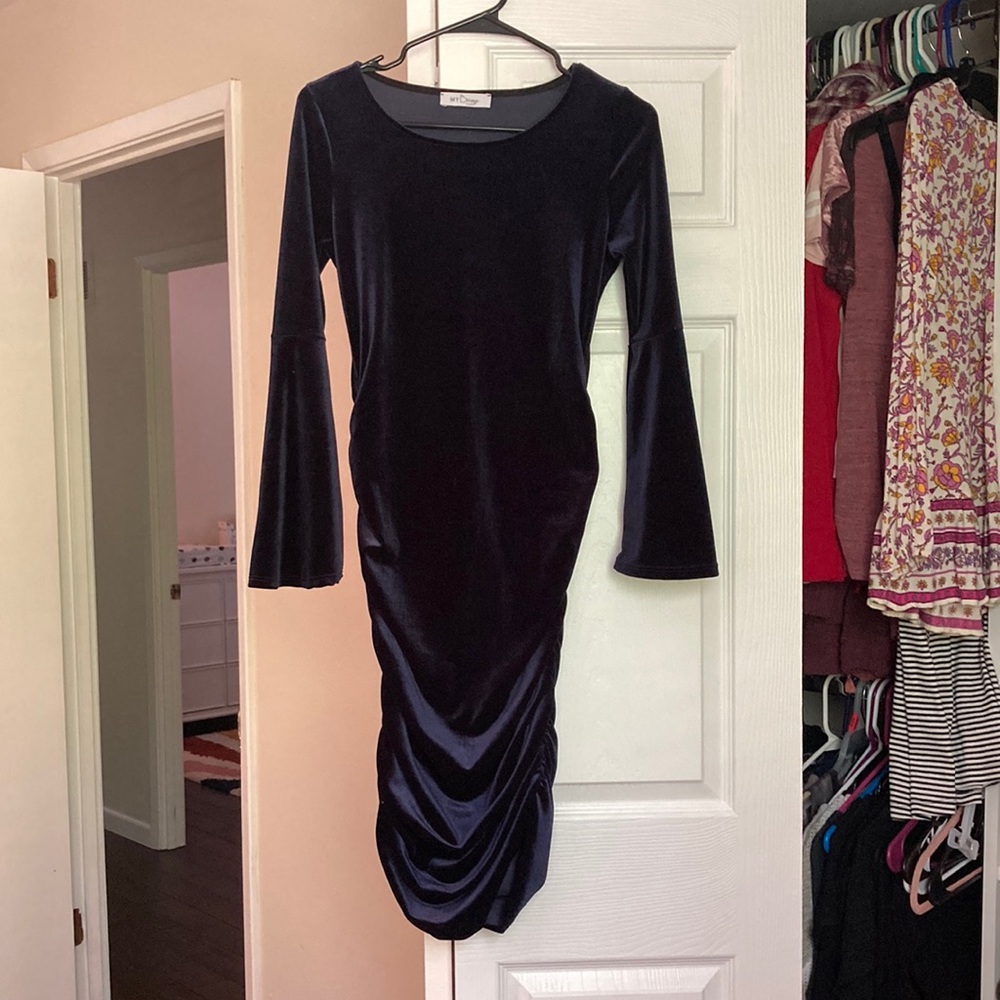 Navy blue velvet bell sleeve maternity dress